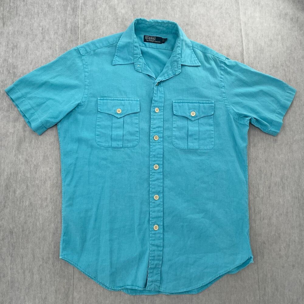 Polo Ralph Lauren Shirt Adult Medium Blue Linen Cotton Button Up Short Sleeve M